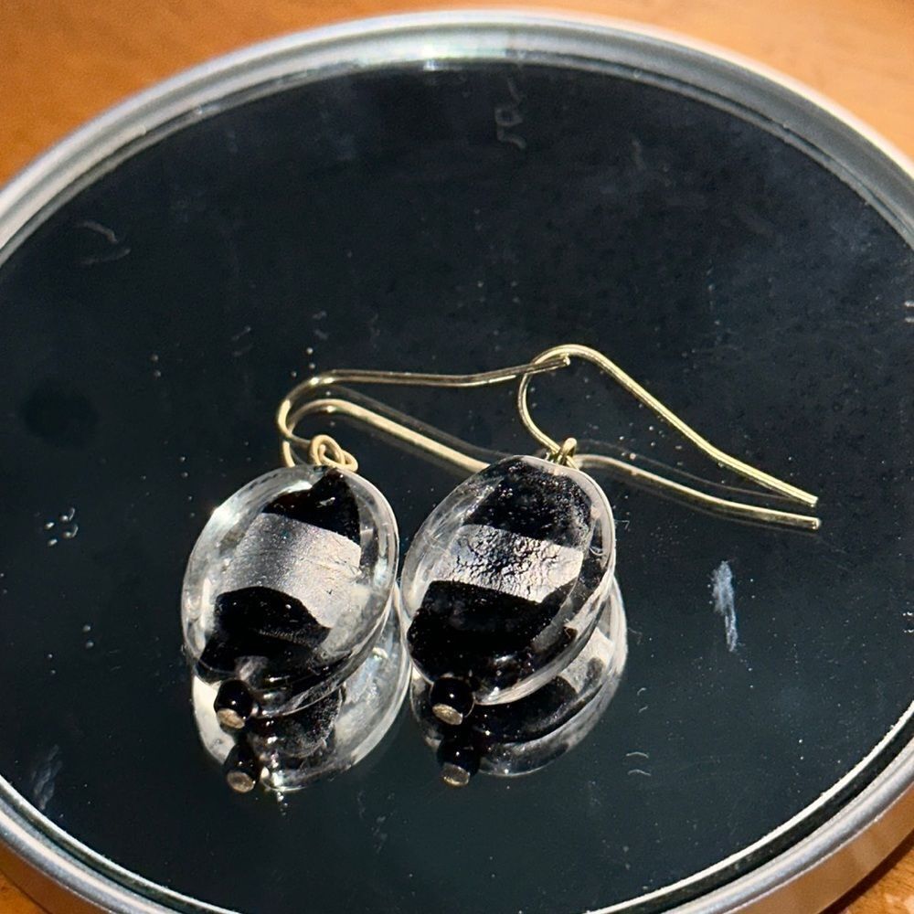 Oblong black & silver striped glass stone drop earrings‎